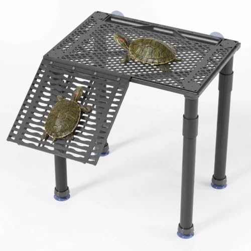 Large Standing Turtle Basking Platform with Ramp, Food Tray, Upgraded | Dock for Large or Multiple Turtles, Non-Slip Ramp, Adjustable Height, for 65+ Gallon Aquariums (Fits Tanks Over 14+ In Wide) - size: 12.72 × 8.74 inch