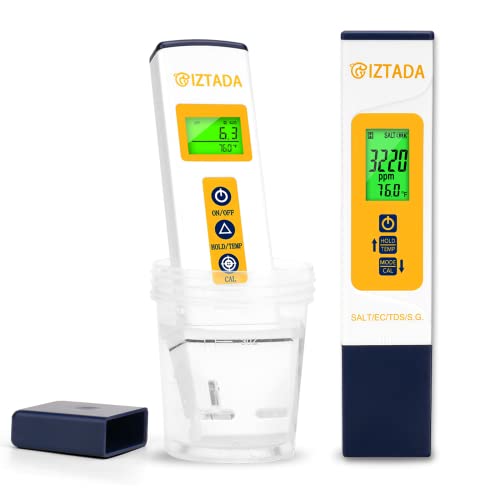 pH Meter and Salinity Tester Combo for Saltwater Pool and Aquarium | 6 in 1 pH Salt SG EC TDS Temp Meter for Reef Aquarium Seawater Tank Koi Fish Pond PPM and pH Water Tester for Hydroponics