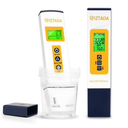 pH Meter and Salinity Tester Combo for Saltwater Pool and Aquarium | 6 in 1 pH Salt SG EC TDS Temp Meter for Reef Aquarium Seawater Tank Koi Fish Pond PPM and pH Water Tester for Hydroponics