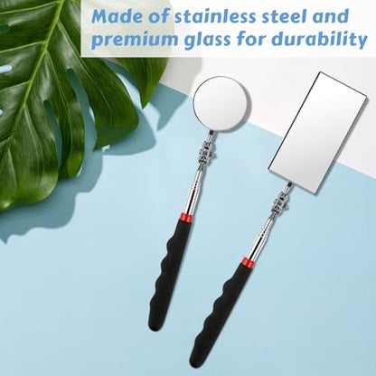 Telescoping Inspection Mirror, 2 Pack Round & Rectangular Mechanic Mirrors | Extendable Reach, 360° Swivel Heads, Comfort Grip for Auto Repair, Engines, Appliances, Plumbing and Home Inspection