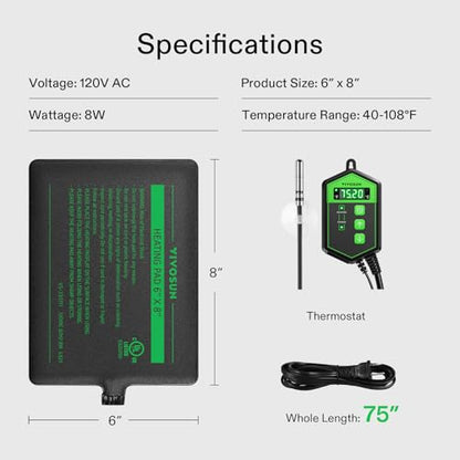 VIVOSUN Reptile Heating Pad 6x8 Inch with Thermostat Combo | Under Tank Terrarium Heating Mat for Turtles, Lizards, Frogs, and Other Reptiles - size: 6X8 Inch with Thermostat
