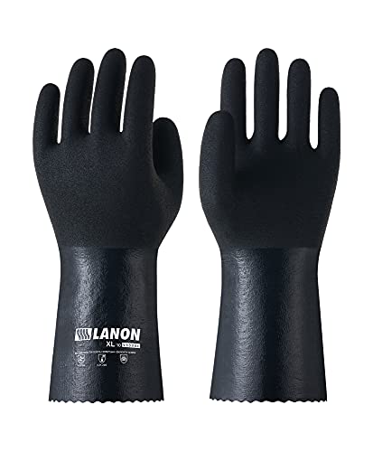 LANON Nitrile Chemical Resistant Gloves with Cotton Liner,Black,Large | Heavy-Duty,Cleaning,Dishwashing,Waterproof,Breathable,Latex Free,Durable,Non-Slip,Acid,Solvent,Alkali & Oil Protection - size: Large (Pack of 1)