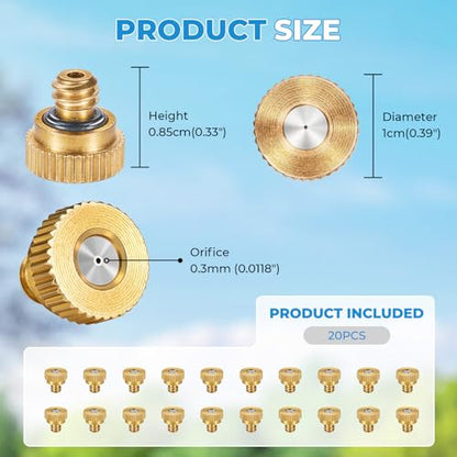 20 Pack Brass Misting Nozzles, 0.0118" (0.3mm) 10/24 Thread | Mister Nozzles Replacement for Outside Patio Misting, Garden Irrigation, Greenhouse Watering, Chicken Coop Pet Cooling - size: 0.3mm Orifice