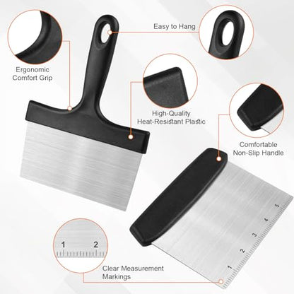 Grill Scraper&Bench Scraper Set，Food Scraper with Handle for Blackstone, Flat Top Grill Cleaning，Premium Stainless Steel Dough Cutter with Measuring Scale for Pastry,Cake,Pizza,Bread,Cooking - style: Grill Scraper&Bench Scraper Set