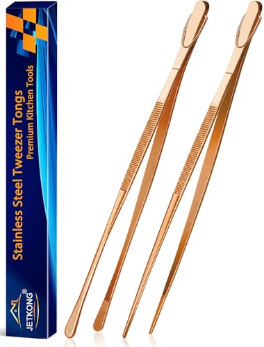 JETKONG 2 Pcs 14-Inch Kitchen Tweezers Extra Long Cooking Tweezer Tongs Stainless Steel Long Food Tweezers (Rose Gold) - color: Rose Gold, size: 14+14 Inch