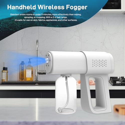 Professional Fogger Machine, 380ml Wireless Nano Sprayer Gun | Rechargeable ULV Atomizer with Blue Light for Touchless Cleaning - color: White