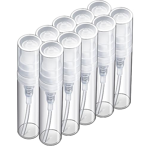 Fandamei 3ml Mini Spray Bottle, 10 Pack 3ml Mini Clear Plastic Spray Bottle Empty, Fine Mist Refillable Mini Perfume Bottle, Perfume Atomizer, Small Empty Sample Containers for Travel Portable - size: 3ml