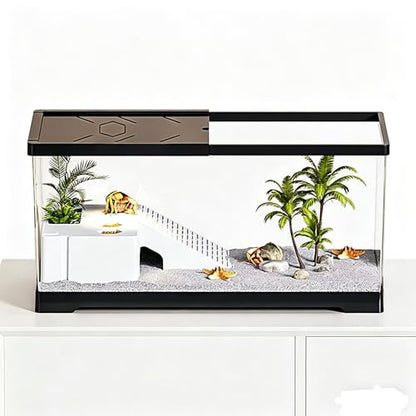 Aquatic Turtle Fish Tank 24" x 10" x 11", 11 Gallon Reptile Terrarium with Basking Platform & Bottom Drainage, PC Material Habitat Enclosure for Juvenile Turtle, Crayfish, Crab, Amphibian