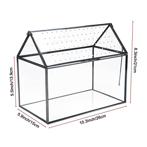 Geometric Glass Terrarium with Acrylic Lid, House Shape Black Terrarium with Breathing Holes for Snails, Succulent, Cacti, Air Plants, 10.3x8.3x5.9 inch (Terrarium Only)