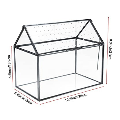 Geometric Glass Terrarium with Acrylic Lid, House Shape Black Terrarium with Breathing Holes for Snails, Succulent, Cacti, Air Plants, 10.3x8.3x5.9 inch (Terrarium Only)