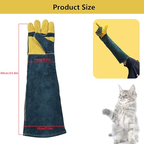 Animal Handling Gloves Bite Proof, 60cm/ 23.6In Scratch Resistant Leather Gloves for Grabbing/Grooming/Handling Dog Cat Bird Snake Parrot Lizard Reptile - Reinforced Palm Protection Gloves - color: Improved Yellow Palm, 60 Cm