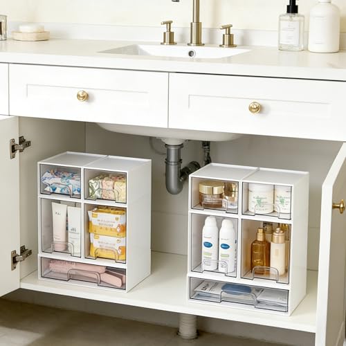 Vtopmart Stackable Storage Drawers Set of 5, Plastic Organizer Bins for Baby Bottle, Beauty Supplies Storage, Ideal for Kichen Countertop, Vanity, Bathroom, Cabinet, Pantry Organization,White - style: White-2 Small+2 High+1 Wide