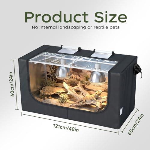 Large Reptile Enclosure Tent, 4x2x2 ft (48 x 24 x 24 Inch) Habitat | with Insulated Cover & Stainless Steel Frame, Dual 4" Accessory Ports for Bearded Dragon, Lizard, Gecko & Chameleon