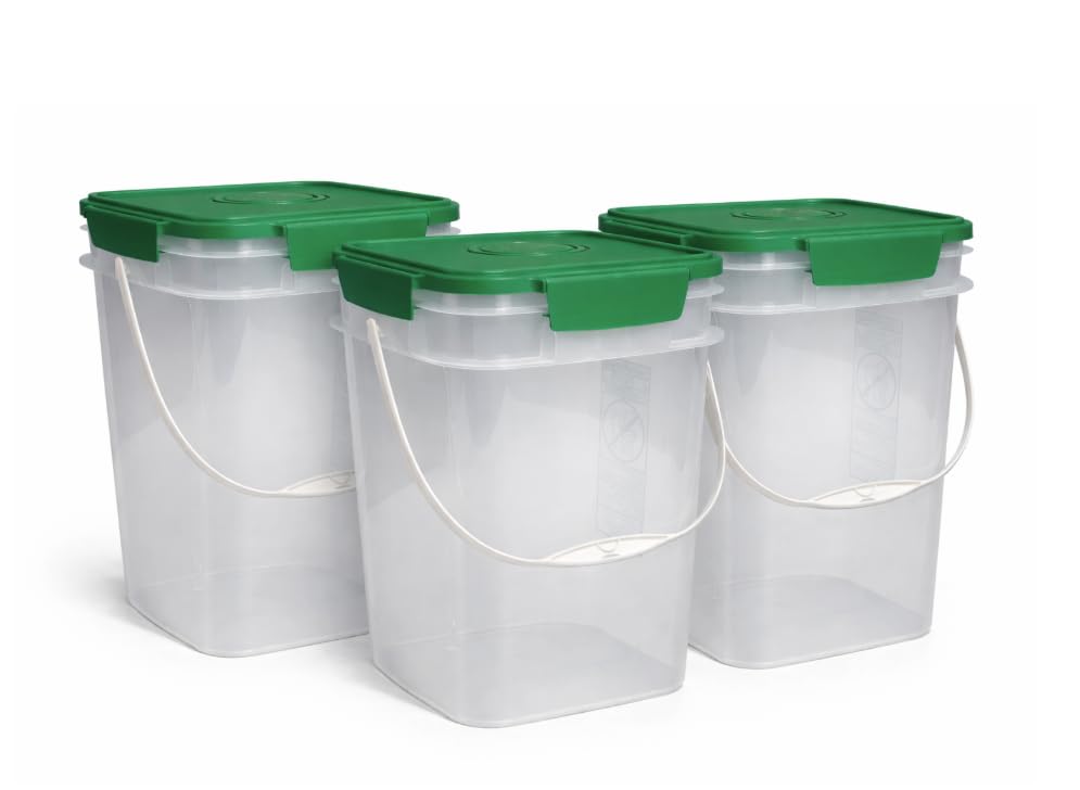 4 Gallon Square Food Grade Bucket Pail with Plastic Handles and Lid (Pack of 3) Made in USA containers (4G SQ Clear - Green lids) - color: 4g Sq Clear - Green Lids