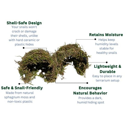 Snail Hideout for Pet Land Snails Snail Mansion – Natural Sphagnum Moss Shelter with Non-Toxic Plastic Core | Humid Hiding Spot for Snail Terrariums | Soft, Shell-Safe & Eco-Friendly Snail House