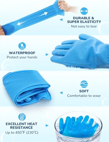 Pecute Silicone Pet Grooming Gloves for Washing Cats Dogs Bath Brush | Extended cuff, 3,000 soft bristles, Gentle massage & deshedding, Dishwasher safe, For large/thick coats, Home/car cleaning - size: X-Large