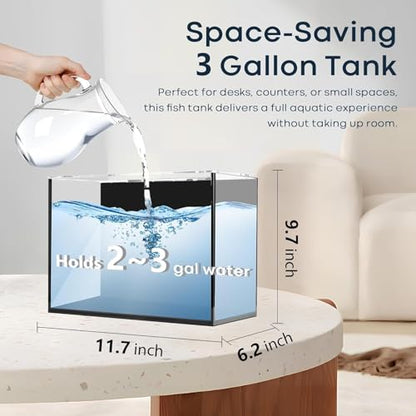 3 Gallon Small Fish Tank Glass Aquarium Set, Starter Kit with Heater Water Pump Cleaning Filter Bright Light Rocks Gravel Cleaning Tool, Leak-Proof Clear Rimless Desktop Spaces Saving Betta Fish - size: 3 Gallon