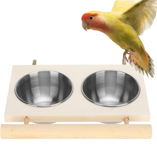 Bird Food Stainless Steel Cups, Parrots Feeding Dish Cups with Wooden Platform, Stainless Steel Food Water Feeder Cage Accessory with StandDouble Bowl