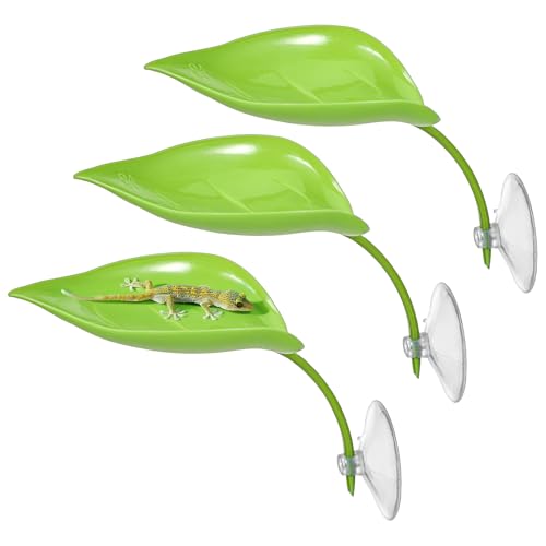 3 Pcs Crested Gecko Tank Accessories, Plastic Reptile Leaf Plant Ornament with Suction Cup Wall Climbing Gecko Hide Reptile Hide for Turtle Tank Decorations(Green) - color: Green