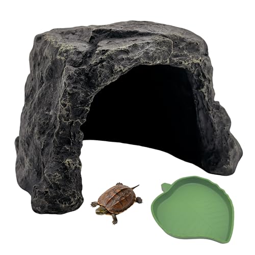 M2cbridge Aquarium Hide Cave Reptile Hideout Amphibians Habitat Rock Dish | Natural color careful craft, resting spot, solid and sturdy, water dish - style: Black Rock+ Water Dish