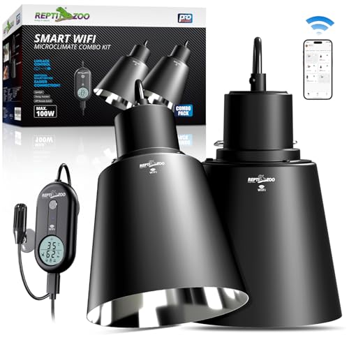 REPTI ZOO Smart WiFi Deep Dome Lamp Fixture & Thermostat Hygrostat Controller with Timing Combo, Reptile Light Fixture Reflector Cap, Day-Night Temperature & Humidity Monitor Control for Reptile Tank