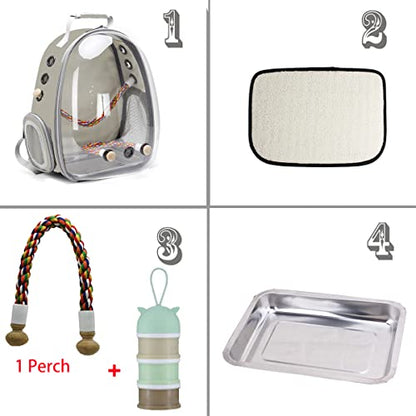 Bird Traval Carrier Cage, Clear Space Capsule Astronaut Backpack to Carry Parakeet Cockatiel Parrot with Metal Tray Wood Perch, Vet Transport School Bag - color: Grey