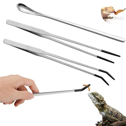 3PCS Stainless Steel Reptile Feeding Tongs with Rubber Tip,10.6” Straight&Curved Long Aquarium or Craft Tweezers,Bearded Dragon Reptile Gecko Frog Snakes Tank Enclosure Accessories (Tweezers&Spoon)