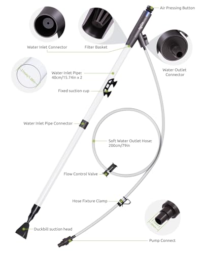 SEAOURA Aquarium Vacuum Gravel Cleaner Adjustable Fish Tank Siphon Cleaner | Manual Python Water Changer with Air Push Button, Fishtank Syphon Vacuums Cleaning Kit for Turtle Poop Suck Manure Wash Sand - color: Navy blue + Silver gray