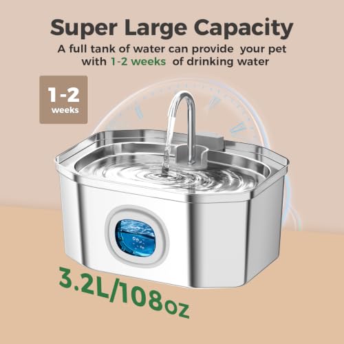 Cat Water Fountain, Apauk 108oz/3.2L Silent cat Water Fountain Stainless Steel, Cat Fountain, Automatic Pet Water Fountain,Dog Bowl, Controllable Blue Light - (2 Filters& 2 Sponges)