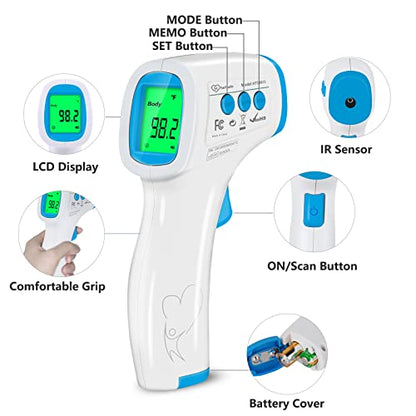 Digital Thermometer for Adults and Kids, No Touch Forehead Thermometer for Baby, 2 in 1 Body Surface Mode Infrared Thermometer with Fever Alarm and Instant Accuracy Readings - color: Blue