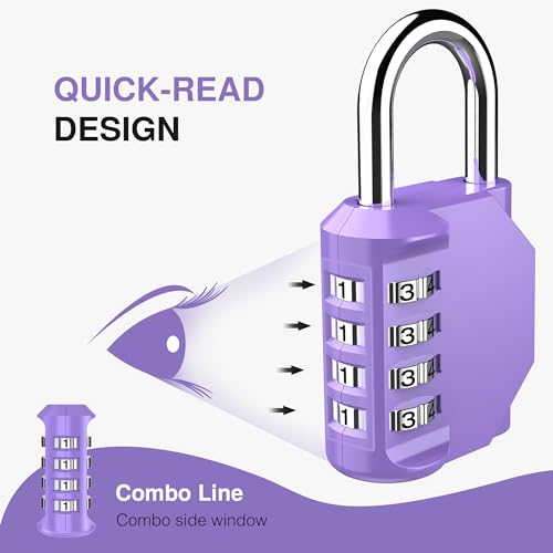 Puroma 1 Pack Combination Lock Locker 4 Digits Combo Padlock Gym Purple | For School Gate Fence Toolbox Hasp Storage, Outdoor, Resettable, Weatherproof, Side Window, Crack Cut Resist, Hardened Steel - color: Purple