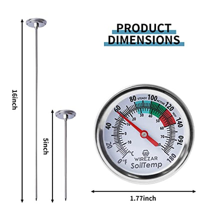 Compost Soil Thermometer, 16 Inch Stainless Steel Stem | Waterproof, Easy-to-Read, 0-180 Fahrenheit and Celsius - size: 16''