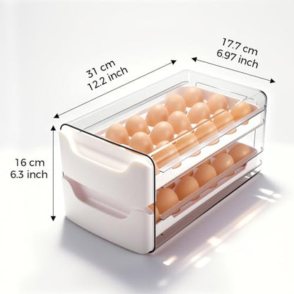 Egg-Holder for Fridge, Fits Small to Large Eggs, White | 36 Egg-Storage for Refrigerator Countertop, 2 Tier Dispenser with Drawer, Stackable Clear Egg Tray Container - size: 2 Tier-White