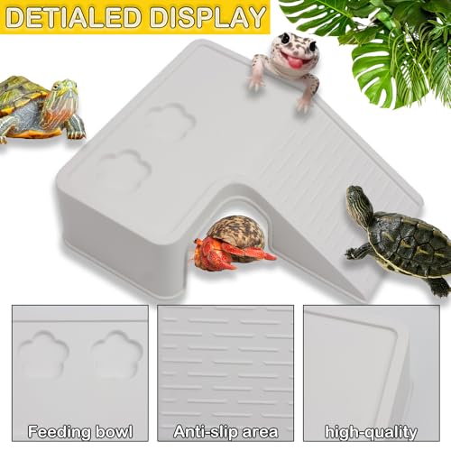 2 Pack Tortoise Climbing Terrace Turtle Resting Basking Platform Reptile Climbing Ramp Hiding Place Habitat Accessories with Feeding Trough