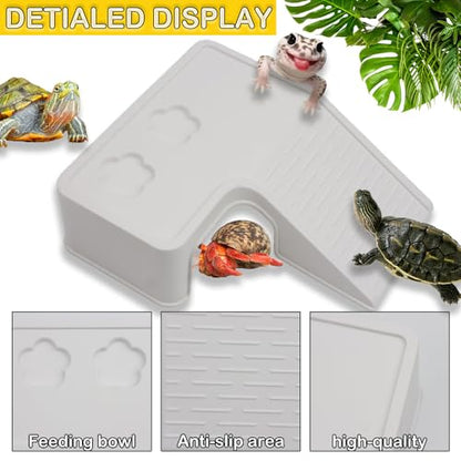 2 Pack Tortoise Climbing Terrace Turtle Resting Basking Platform Reptile Climbing Ramp Hiding Place Habitat Accessories with Feeding Trough
