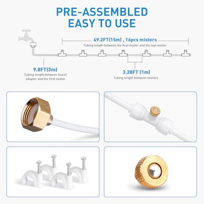 Misting Cooling System, 59FT (18M) Pre-Assembled Mister Kit | 16 Brass Mist Nozzles & 3/4" Brass Adapter, Misters for Outside Patio Backyard Cooling, Garden Greenhouse Watering - color: White, size: 59FT / 18M