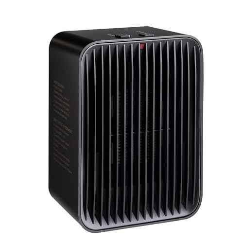 Amazon Basics Portable Ceramic Space Heater, Small Electric Heater for Indoor Use With 3 Heat Settings, Temperature Control, Lightweight (1.7 LBS), 520 w, Black, 5.1"L x 3.5"W x 7"H