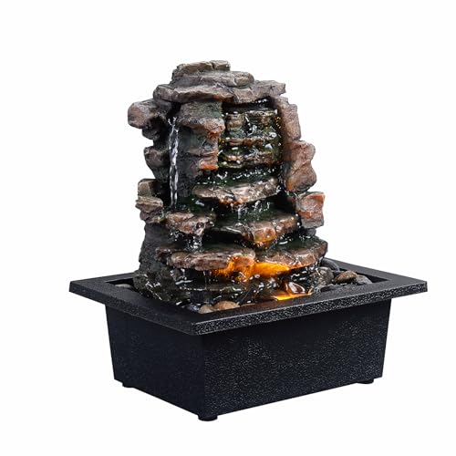 Meditation Waterfall Fountain with LED Lights, Indoor Tabletop Water Fountain Decorated with Natural River Rocks, Office & Home Relaxation Decor, Christmas Decoration - color: Black