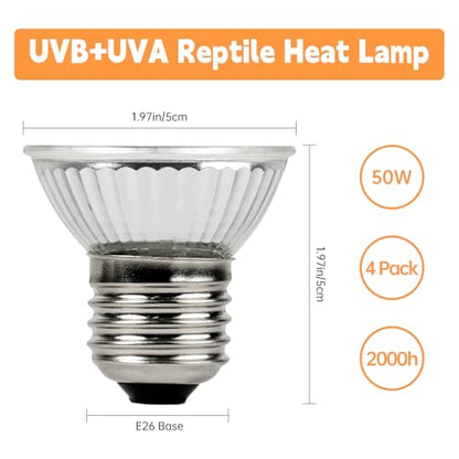 Reptile Heat Lamp, UVA UVB Heat Lamp Bulbs, E26 Turtle Heat Lamp Bulbs 50W 4Pack, Basking Light for Bearded Dragon, Lizard, Snake and Frog - color: 4pcs 50, size: 50 4PCS