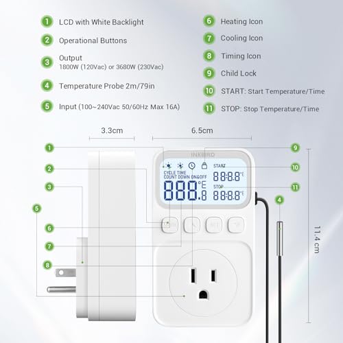 INKBIRD Plug in Thermostat 15A 1800W, Programmable Heating Cooling Digital Temperature Controller Timer for Window A/C Fan Heater Greenhouse Homebrewing Reptile - size: 1800W 15A