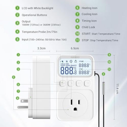 INKBIRD Plug in Thermostat 15A 1800W, Programmable Heating Cooling Digital Temperature Controller Timer for Window A/C Fan Heater Greenhouse Homebrewing Reptile - size: 1800W 15A