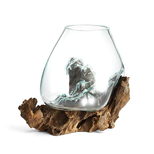 Molten Glass | #650-24 | Molten Glass & Wood Luminary Sculpture | Terrarium | Fairy Garden | Approximately 9.5" Wide | Natural Wood and Recycled Glass | - size: Approximately 9.5" Wide