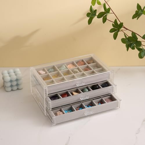 Rock Display Case, 54 Girds Rock Collection Display, Rock Collection Box for Kids with Acrylic Cover and Velvet Compartment, Gemstone Display Case for Stones, Crystals, Gems (Grey) - size: Grey