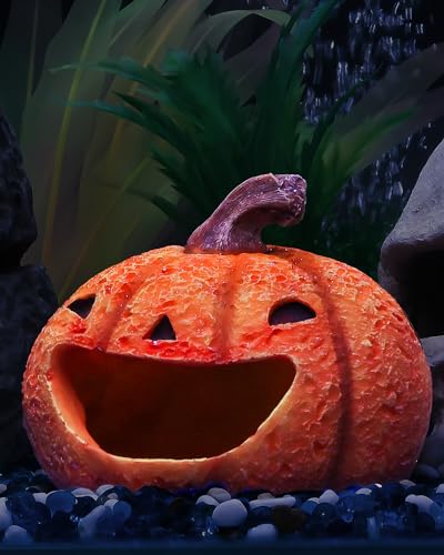 Uniclife Halloween Aquarium Decoration Resin Pumpkin House Ornament Halloween Fish Tank Pumpkin Decoration for Aquarium Landscape Reptile Hideout Hideaway Spawning Cave for 5-20 Gallon Fish Tanks - color: Pumpkin House