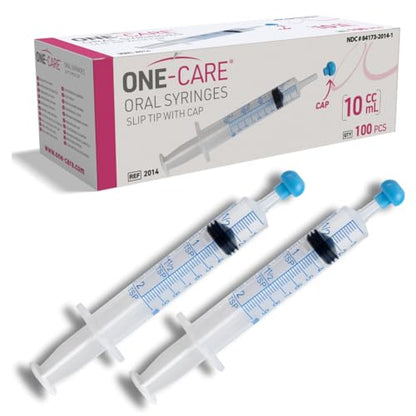 ONE-CARE 10ml Oral Syringe with Cap, Slip Tip Liquid Dispensers, 100/Boxp | Individually Wrapped, Food-Grade Plastic, Accurate Graduation for Precise Liquid Dosing, Oral Feed - Infants, Adults & Pets - size: 10 ml Blue Scale