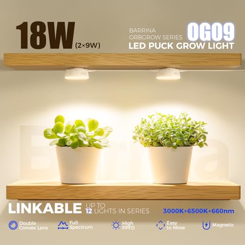 Barrina OG09 Puck Grow Light, 18W(2 x 9W), 660nm Red LEDs, 2 Packs | Full Spectrum Plant Light for Indoor Plants, Magnetic & Linkable, Small Grow lamp, Perfect for Plant Shelf - color: GrowForce Spectrum-White Cover, size: 2 Packs without Timer