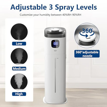 KZF Large Humidifier for Bedroom, 9L/2.5Gallon Ultrasonic Cool Mist Humidifier with Humidistat, 360°Nozzle, 350ML/H Big Mist Level, Suitable for Kids Room Livingroom Yoga Office Plant，White - color: White