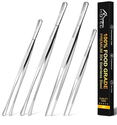 HOTEC Kitchen Tweezers Tongs Stainless Steel, Set of 4-10" and 12inch Extra-Long Food Tweezers Fine Kitchen Tongs for Cooking,Grill and Baking - color: Silver, size: 4PCS: 12 & 10 Inch