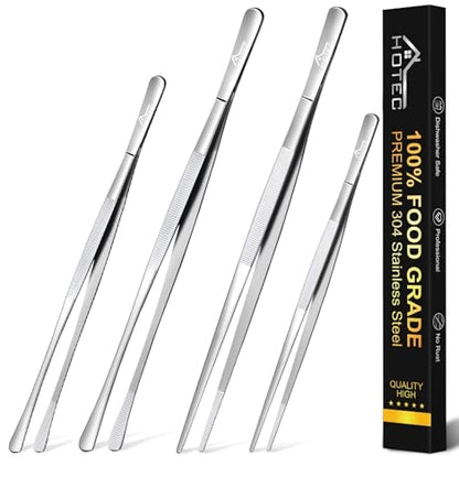 HOTEC Kitchen Tweezers Tongs Stainless Steel, Set of 4-10" and 12inch Extra-Long Food Tweezers Fine Kitchen Tongs for Cooking,Grill and Baking - color: Silver, size: 4PCS: 12 & 10 Inch
