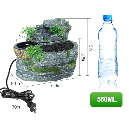 500ML Reptile Waterfall Fountain, Reptile Water Drinking Fountain for Bearded Dragons, Geckos & Lizards – Terrarium Waterfall with Feeding Bowl, Flowing Water, Natural Resin